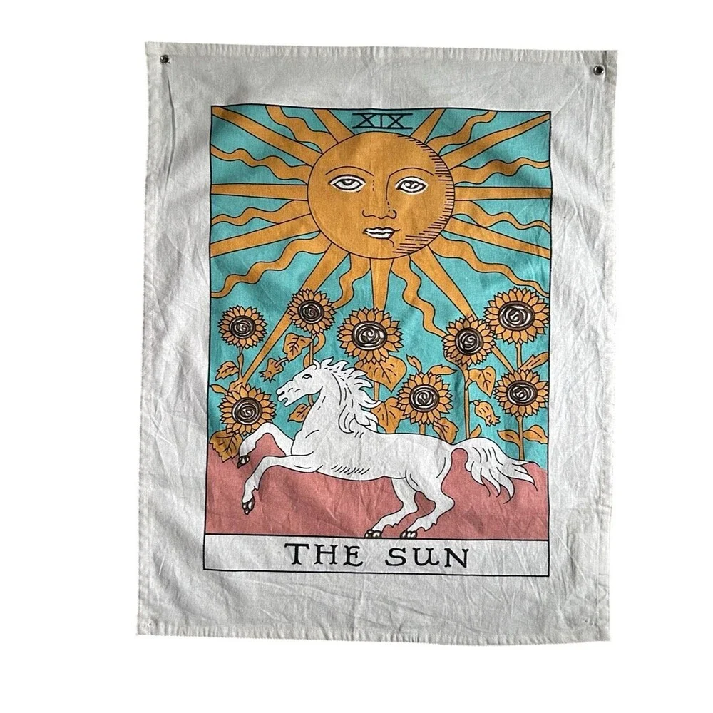 The Sun Tarot Wall Tapestry in Teal, Gold, White